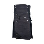 Dark Wash Denim Kilt with Black Leather Panel, Cargo Pockets, Silver Studs, and Buckles