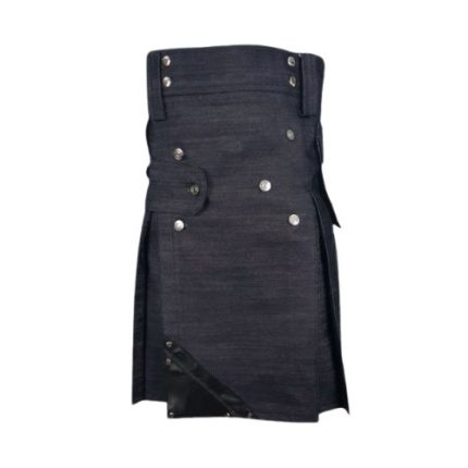 Dark Wash Denim Kilt with Black Leather Panel, Cargo Pockets, Silver Studs, and Buckles