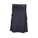 Dark Wash Denim Kilt with Red Stitching, Cargo Pockets, and Brass Studs