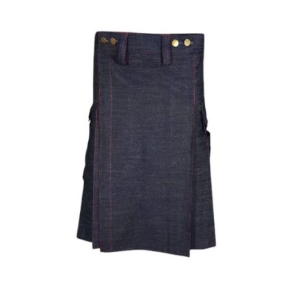 Dark Wash Denim Kilt with Red Stitching, Cargo Pockets, and Brass Studs