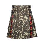 Desert Camouflage and Red/Black Tartan Tactical Kilt with Cargo Pockets and Studs