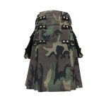 Green and Brown Camouflage Tactical Kilt with Cargo Pockets and Studs