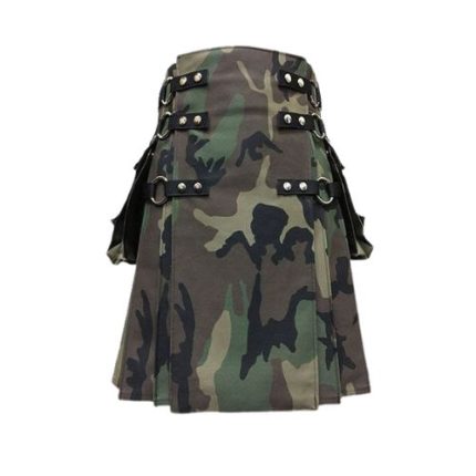 Green and Brown Camouflage Tactical Kilt with Cargo Pockets and Studs
