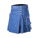 Blue Denim Kilt with White Stitching, Cargo Pocket, and Decorative Buckles - Image 2