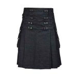 Black Denim Kilt with Silver Studs, Buckles, and Cargo Pockets