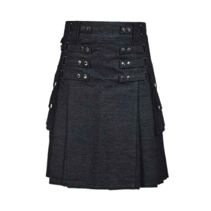 Black Denim Kilt with Silver Studs, Buckles, and Cargo Pockets