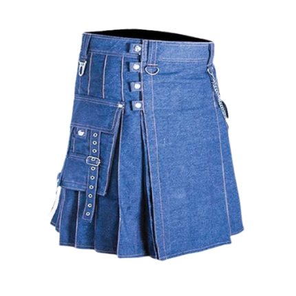 Blue Denim Kilt with White Stitching, Cargo Pocket, and Decorative Buckles