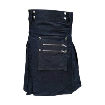 Blue Denim Kilt with Zippered Pockets and Decorative Studs