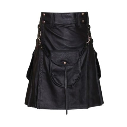 Black Leather Kilt with Detachable Pocket and Side Straps