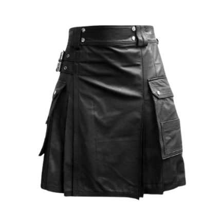 Black Leather Utility Kilt with Cargo Pockets and Snap Details
