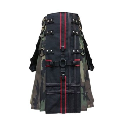 Camouflage and Black Kilt with Red Stripes, Cargo Pockets, and Studs
