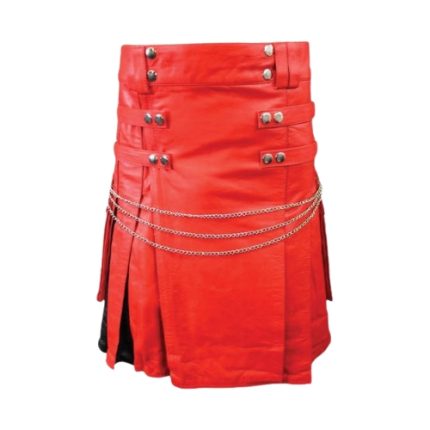 Bold Red Leather Kilt with Chains and Black Accents