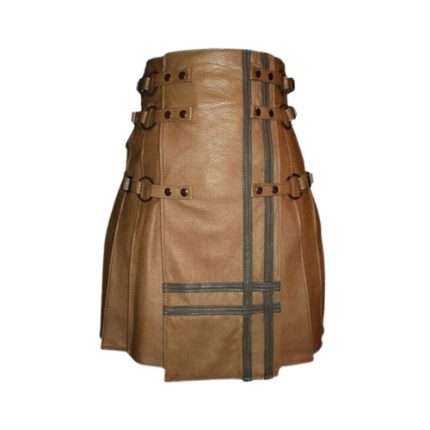 Brown Gothic Leather Kilt with Buckle Straps and Black Detailing