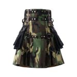 Camouflage and Black Tactical Kilt with Metal Accents and Adjustable Straps