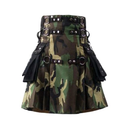 Camouflage and Black Tactical Kilt with Metal Accents and Adjustable Straps