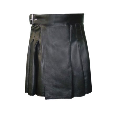 Classic Black Leather Kilt with Pleated Design and Adjustable Belt