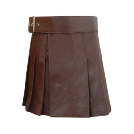 Classic Brown Leather Kilt with Pleated Design and Wide Belt