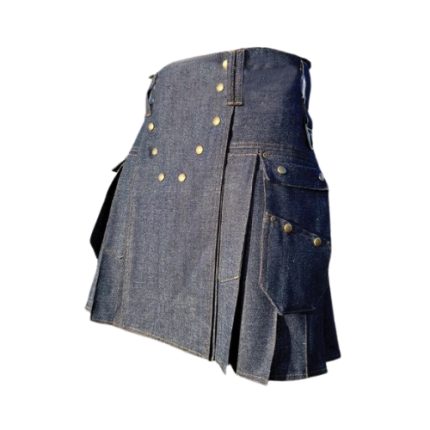 Classic Blue Denim Kilt with Cargo Pockets and Brass Studs