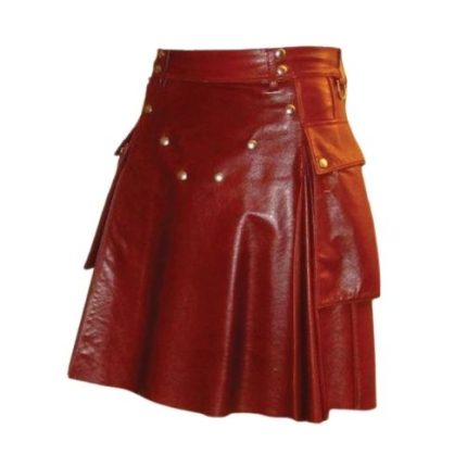 Fashionable Red Leather Kilt with Studded Design and Utility Pocket
