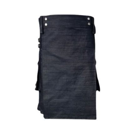 Dark Wash Indigo Denim Kilt with Leather Straps, Buckles, and Cargo Pockets