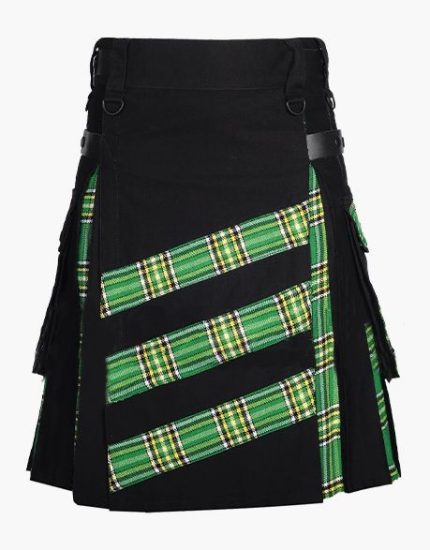 Men’s Black Hybrid Kilt with Irish Green Tartan and Stylish Apron