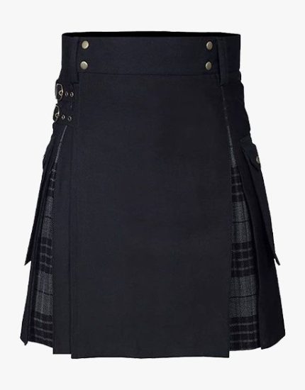 Men’s Black Hybrid Utility Kilt with Night Watch Tartan Pleats