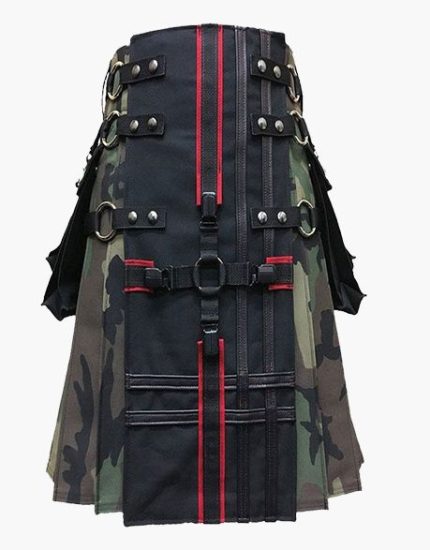 Camouflage and Black Kilt with Red Stripes, Cargo Pockets, and Studs