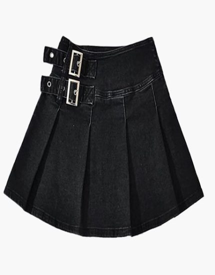 Women’s Black Denim Pleated Mini Kilt with Buckle Straps