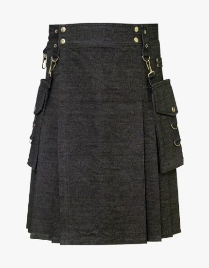 Black Denim Kilt with Decorative Buckles, D-Rings, Brass Studs, and Cargo Pockets