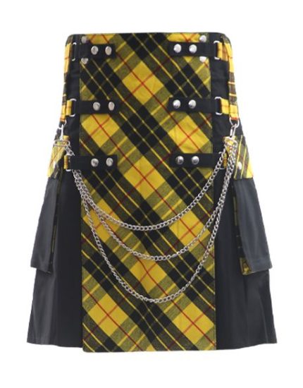 Men’s Black Gothic Hybrid Kilt with Yellow Tartan Front Apron and Chains