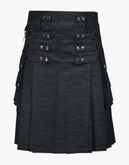 Women’s Black Denim Utility Kilt with Multi-Strap Design