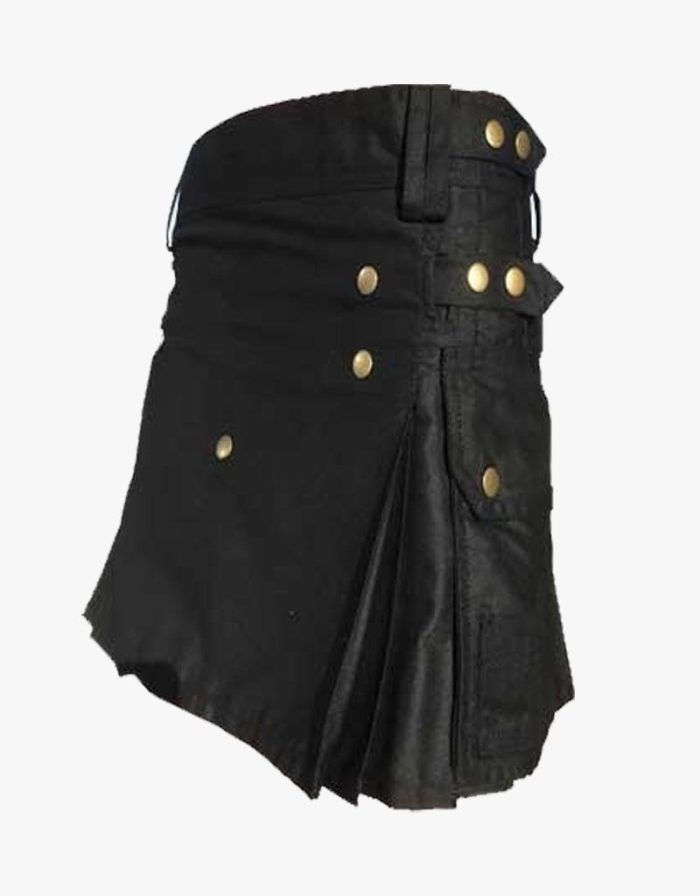 Women’s Black Utility Kilt with Gold Button Accents and Pleated Design