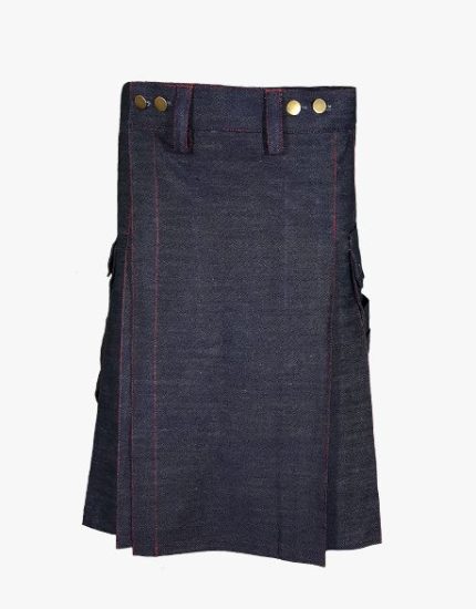 Dark Wash Denim Kilt with Red Stitching, Cargo Pockets, and Brass Studs