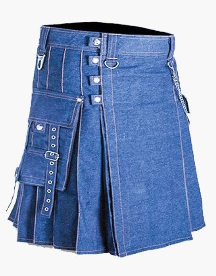 Blue Denim Kilt with White Stitching, Cargo Pocket, and Decorative Buckles