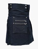 Blue Denim Kilt with Zippered Pockets and Decorative Studs