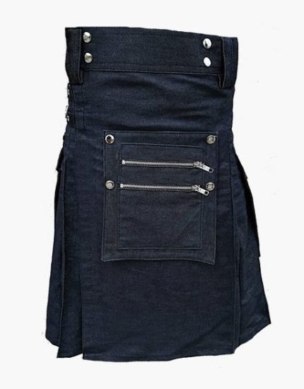 Blue Denim Kilt with Zippered Pockets and Decorative Studs