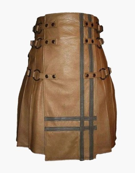 Brown Gothic Leather Kilt with Buckle Straps and Black Detailing