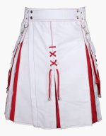 Men’s Modern White and Red Hybrid Kilt with Lace-Up Front Design