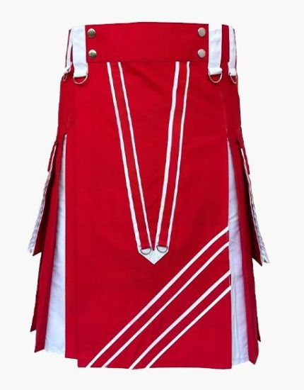 Men’s Red and White Modern Hybrid Kilt with Stylish Detailing