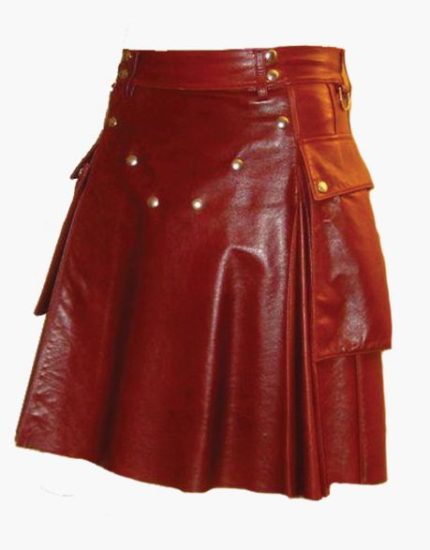 Fashionable Red Leather Kilt with Studded Design and Utility Pocket