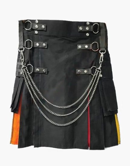 Women’s Black Gothic Hybrid Kilt with Rainbow Pleats and Chain Accents