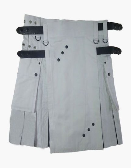 Women’s White and Black Hybrid Kilt with Stud Accents and Buckle Straps