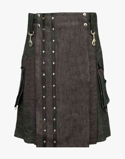 Dark Denim Wash Kilt with Black Panel, Silver Studs, Cargo Pockets, Adjustable Straps, and D-Rings