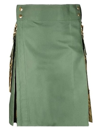 Olive Green Military-Inspired Tactical Kilt with Cargo Pockets and Studs