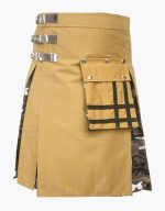 Khaki and Camouflage Tactical Kilt with Cargo Pocket and Silver Buckles