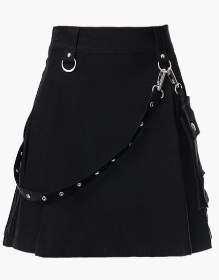 Women’s Black Punk Mini Kilt with Chain and Ring Accents