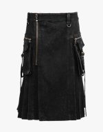 Black Denim Kilt with Metal Accents, Cargo Pockets, and Zippers