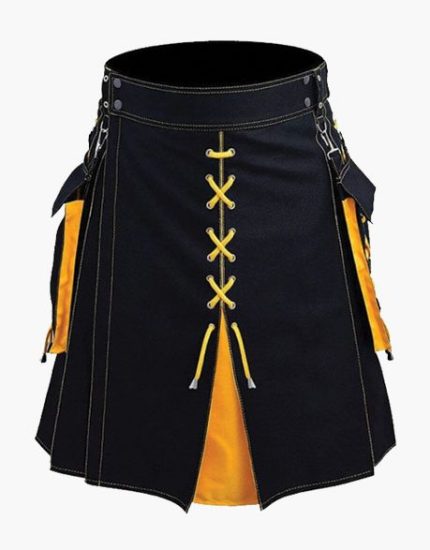 Men’s Black and Yellow Hybrid Kilt with Lace-Up Front and Detachable Pockets