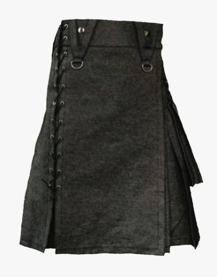 Black Denim Kilt with Side Lacing and Metal D-Rings