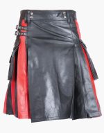 Men's Black Leather Kilt with Red Pleats and Side Straps